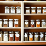 **

A well-organized baking workspace. Up high, there are shelves with transparent, labeled containers filled with ingredients. Jars filled with spices in an orderly row. Baking utensils hanging on the wall with pots neatly stacked below. Natural light streaming in. The baker should be smiling and look well-rested. Focus on efficiency and clean lines, using pastel and warm colors.

**