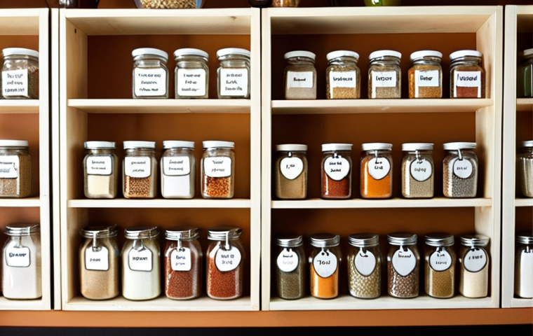 **

A well-organized baking workspace. Up high, there are shelves with transparent, labeled containers filled with ingredients. Jars filled with spices in an orderly row. Baking utensils hanging on the wall with pots neatly stacked below. Natural light streaming in. The baker should be smiling and look well-rested. Focus on efficiency and clean lines, using pastel and warm colors.

**