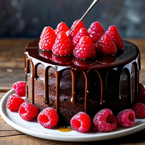 Home 14 Instagram-Worthy Dessert Art**
"A beautifully styled chocolate cake with a glossy ganache and fresh raspberries, artfully drizzled with olive oil. The background is a rustic wooden table with soft, natural lighting. Focus on the textures and vibrant colors. Instagram food photography style, high resolution, professional lighting, dessert presentation."
**