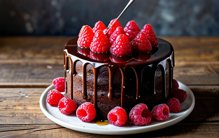 Instagram-Worthy Dessert Art**

"A beautifully styled chocolate cake with a glossy ganache and fresh raspberries, artfully drizzled with olive oil. The background is a rustic wooden table with soft, natural lighting. Focus on the textures and vibrant colors. Instagram food photography style, high resolution, professional lighting, dessert presentation."

**