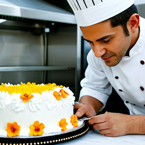 Home 7 Pastry Chef at Work**
"A professional pastry chef, fully clothed in a clean white chef's coat and hat, decorating an elaborate cake in a bright and modern bakery. The cake is adorned with intricate sugar flowers and chocolate decorations. Safe for work, appropriate content, perfect anatomy, professional setting, well-lit, high-resolution, modest attire, family-friendly."
**