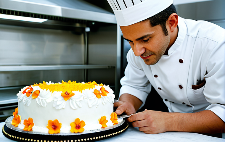 Pastry Chef at Work**

"A professional pastry chef, fully clothed in a clean white chef's coat and hat, decorating an elaborate cake in a bright and modern bakery. The cake is adorned with intricate sugar flowers and chocolate decorations. Safe for work, appropriate content, perfect anatomy, professional setting, well-lit, high-resolution, modest attire, family-friendly."

**