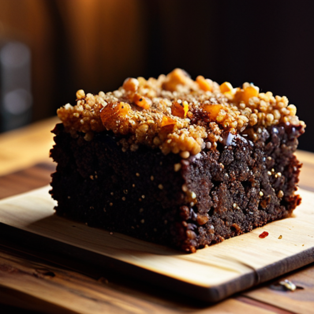 Textural Dessert Delight**

"A gourmet brownie featuring crunchy caramelized puffed quinoa on top, presented on a rustic wooden board, professional food photography, shallow depth of field, warm lighting, safe for work, appropriate content, fully clothed, high quality."

**