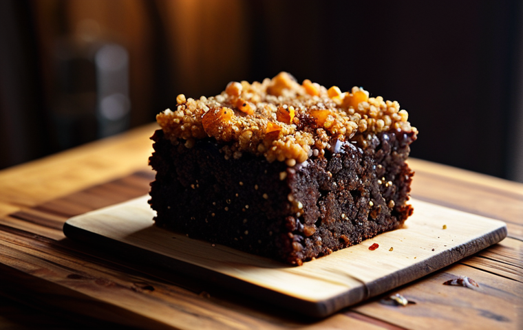 Textural Dessert Delight**

"A gourmet brownie featuring crunchy caramelized puffed quinoa on top, presented on a rustic wooden board, professional food photography, shallow depth of field, warm lighting, safe for work, appropriate content, fully clothed, high quality."

**