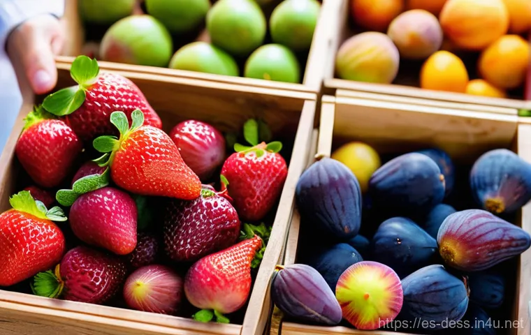 디저트 전문가의 재료 선택 기준 - A close-up, brightly lit shot of a baker's hands carefully selecting ripe, seasonal strawberries and...