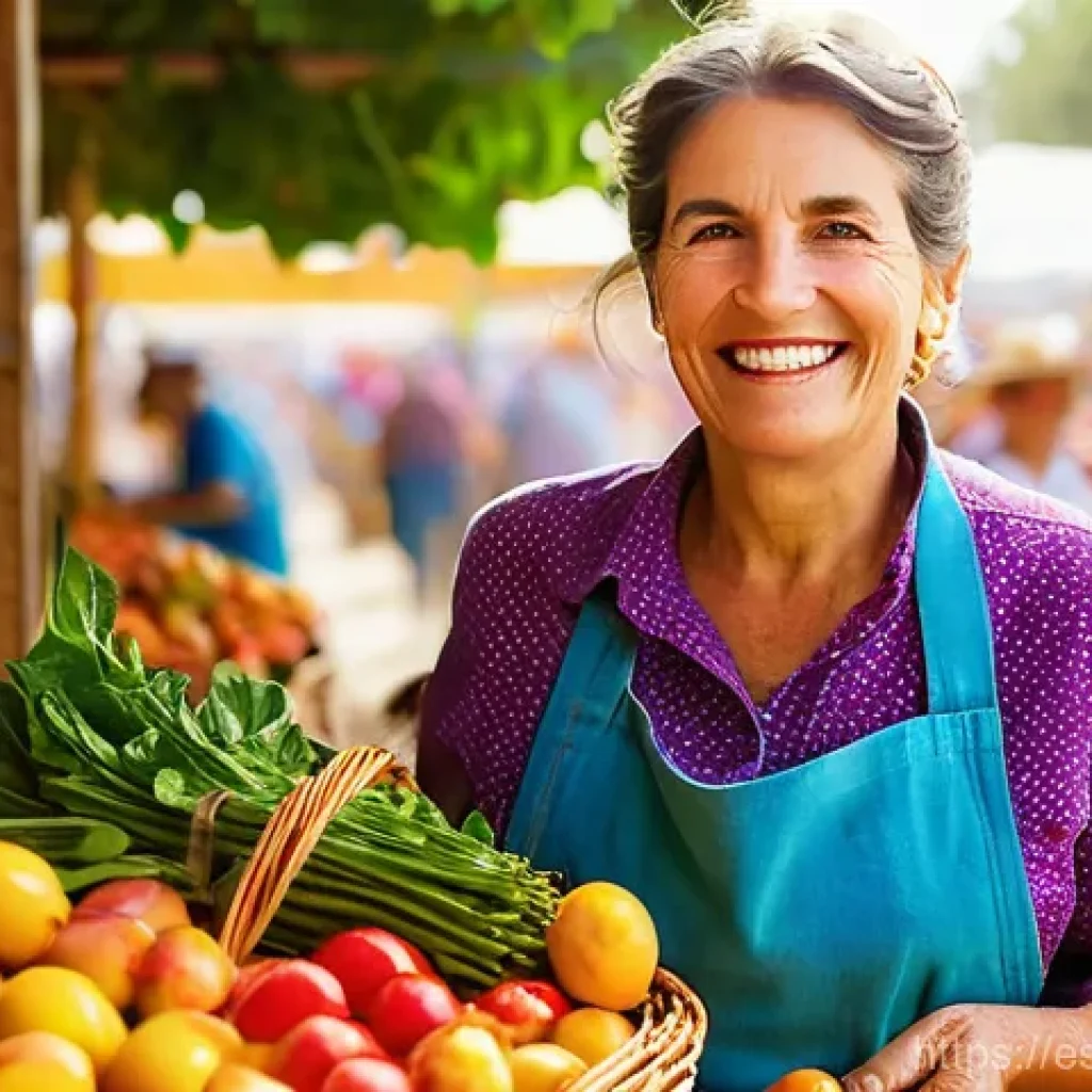 디저트 전문가의 지속 가능한 베이킹 - **Prompt:** A vibrant and bustling Spanish farmers' market scene, bathed in warm morning sunlight. A...