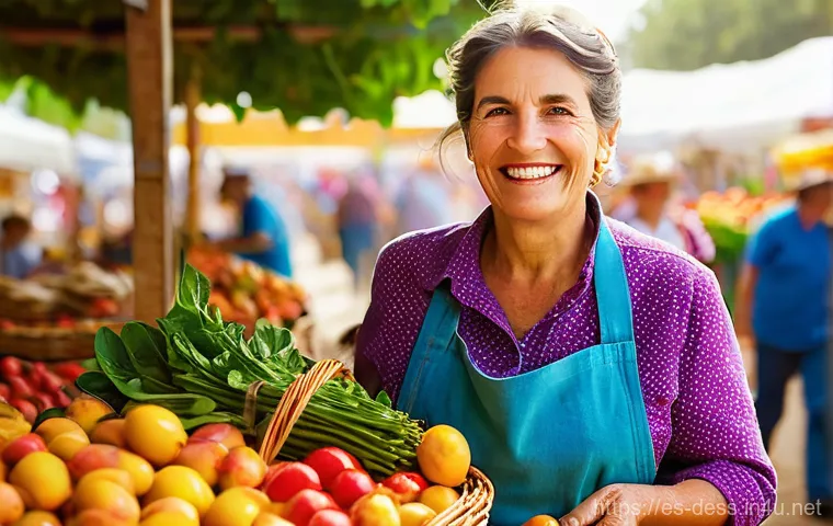 디저트 전문가의 지속 가능한 베이킹 - **Prompt:** A vibrant and bustling Spanish farmers' market scene, bathed in warm morning sunlight. A...