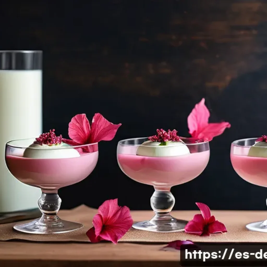 디저트 전문가가 주목해야 할 신소재 - A modern dessert table featuring an elegant white chocolate mousse infused with natural hibiscus ext...