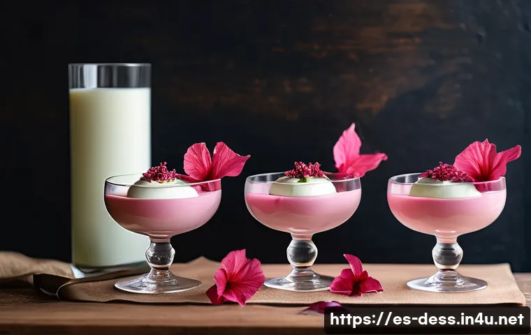 디저트 전문가가 주목해야 할 신소재 - A modern dessert table featuring an elegant white chocolate mousse infused with natural hibiscus ext...