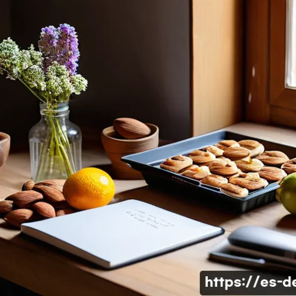 디저트 전문가의 정기적인 자기 점검 방법 - A cozy, well-organized Spanish kitchen scene focused on a pastry chef’s workspace: a wooden countert...