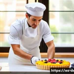 디저트 전문가로서의 자기 계발법 - A professional pastry chef in a modern Spanish kitchen carefully decorating a classic tart with fres...