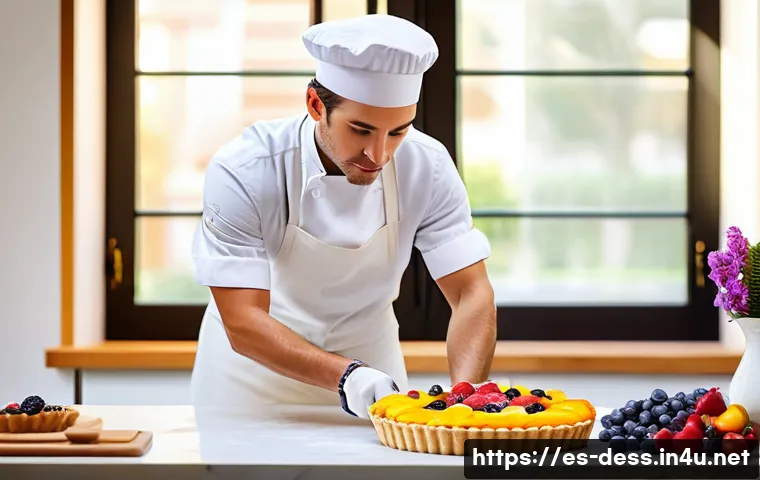디저트 전문가로서의 자기 계발법 - A professional pastry chef in a modern Spanish kitchen carefully decorating a classic tart with fres...
