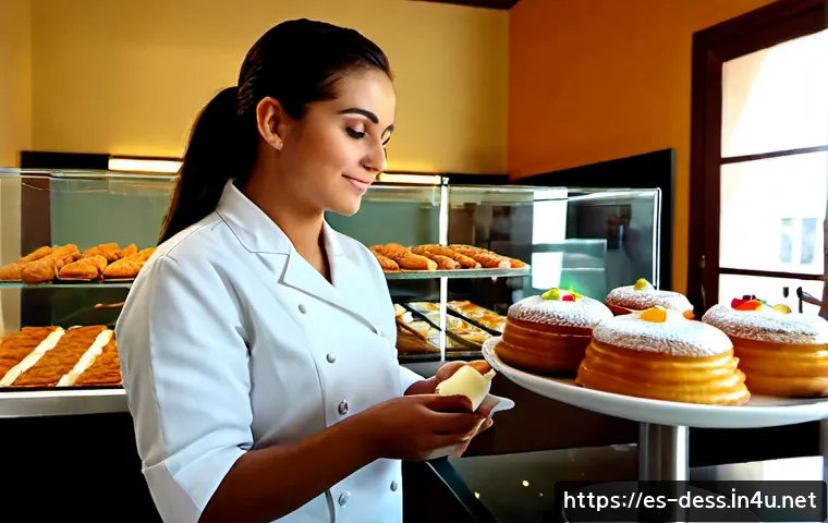 디저트 전문가의 고객 불만 처리 사례 - Photorealistic Spanish pastry shop customer service scene, a skilled dessert specialist in a neat ch...