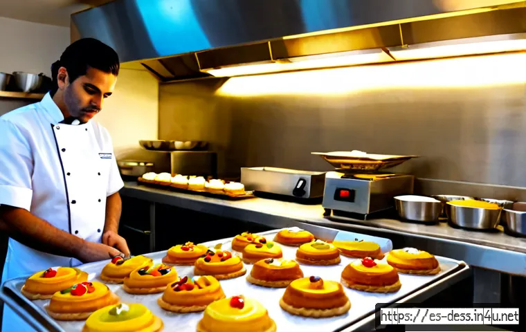 디저트 전문가의 시간 관리 기술 - Photorealistic Spanish pastry chef in a bright Mediterranean bakery kitchen, calmly organizing trays...
