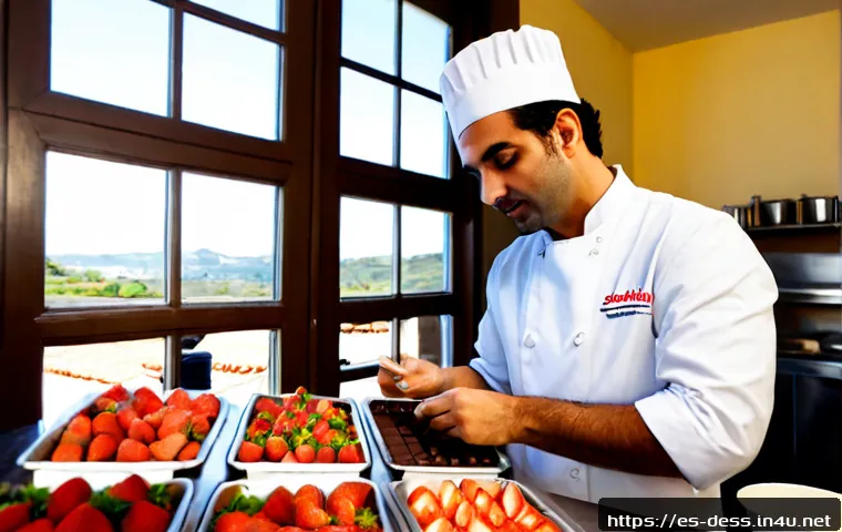 디저트 전문가와 협력 업체 관리 - Photorealistic Spanish pastry chef in a bright artisan bakery kitchen, carefully inspecting fresh st...